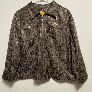 Ruby Rd. Jacket Sz 18 Brown Faux Fake Leather Full Zip Modern Art Animal Print